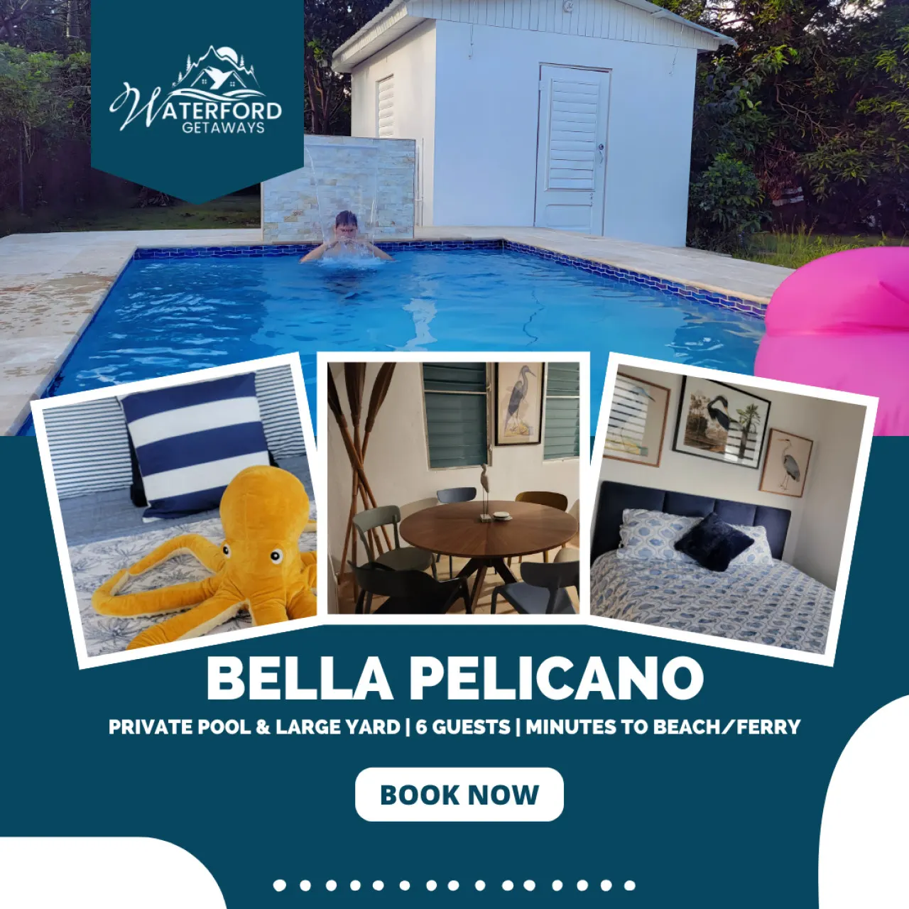 Private pool, large yard- minutes to beach/ferry.